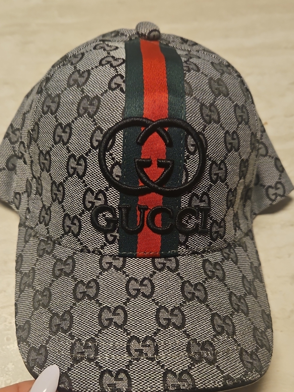 Gray Monogram Baseball Cap with Green and Red Web Stripe